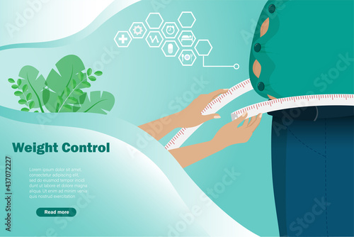 Overweight and weight control concept. Fat man with tight shirt check up his waist by measuring tape. 