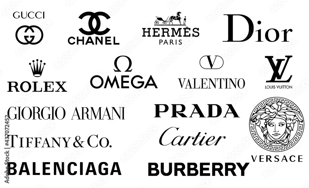Vinnytsia, Ukraine - May 30, 2021: Top 15 most popular luxury brands. Gucci,  Chanel, Hermes, Dior, Louis Vuitton, Rolex, Tiffany, Prada, Versace Armani  Valentino Balenciaga Cartier Burberry Omega Stock Vector | Adobe Stock
