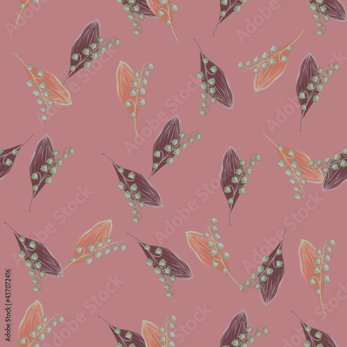 Seamless random pattern with abstract doodle lily of the valley shapes. Pale pink and purple colors artwork.