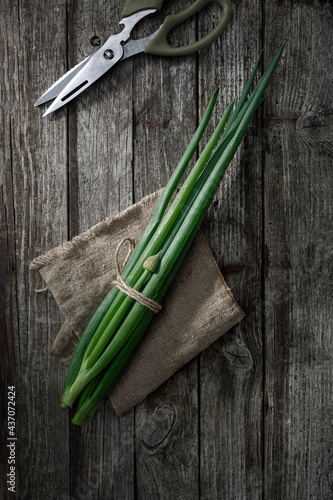 Fototapeta Naklejka Na Ścianę i Meble -  Fresh green onions on an old wooden table. Dark background.