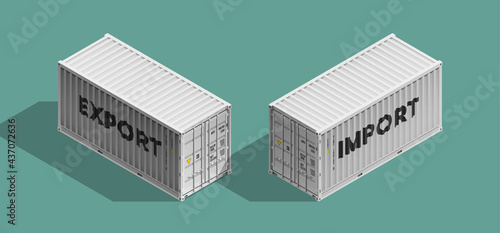 3D Isometric two 20 foot container delivery with EXPORT and IMPORT text. Large metal 20 ft containers for transportation shipping cargo. illustration
