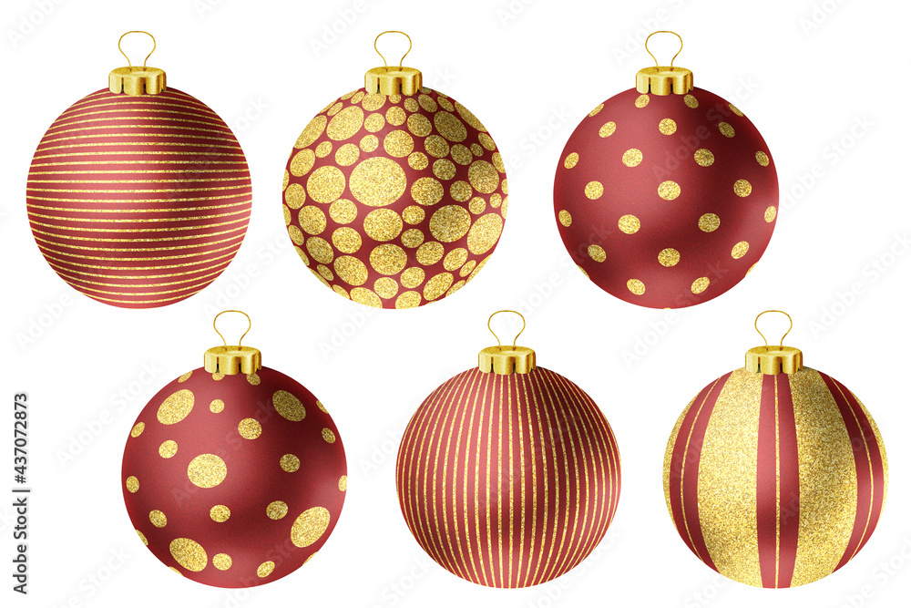 Decorative round red and gold Christmas balls 3d. Fur- tree classic toys kit on white background