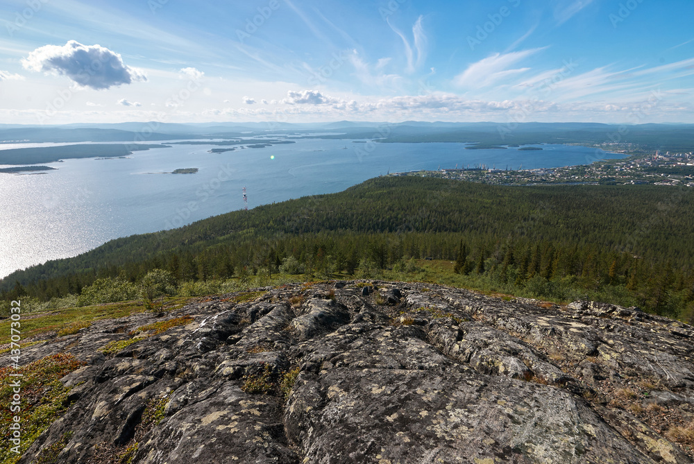 view from the hill to the lake with small islands. Karelia, Russia