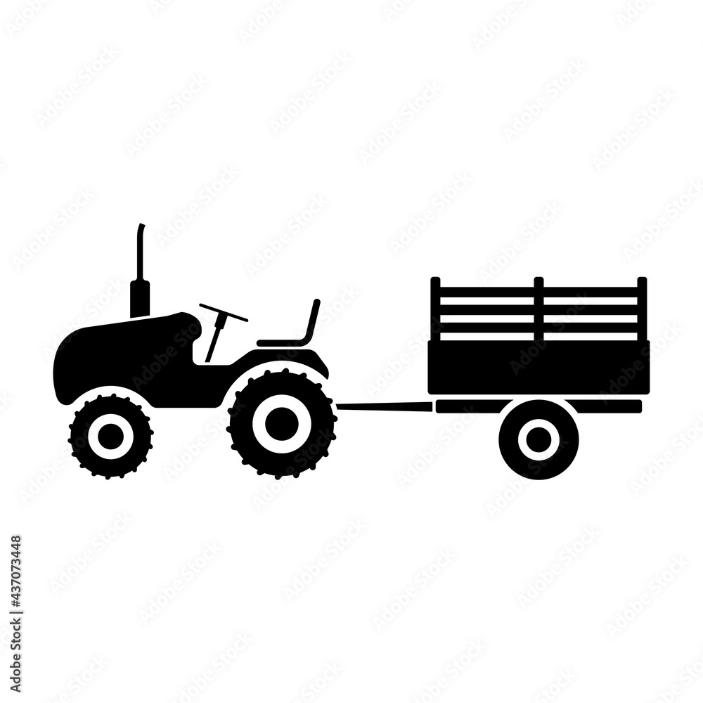 Obraz premium Farm tractor with trailer icon. Black silhouette. Side view. Vector simple flat graphic illustration. The isolated object on a white background. Isolate.