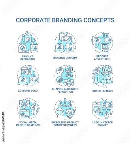 Corporate branding concept icons set. Increasing product competitiveness idea thin line color illustrations. Branded uniform. Company logo. Vector isolated outline drawings. Editable stroke