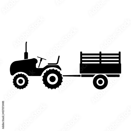 Farm tractor with trailer icon. Black silhouette. Side view. Vector simple flat graphic illustration. The isolated object on a white background. Isolate.