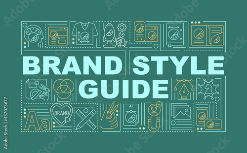 Brand style guide word concepts banner. Product promotion. Infographics with linear icons on green background. Isolated creative typography. Vector outline color illustration with text