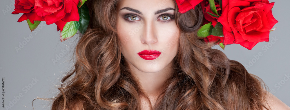 © Svetlana Fedoseeva - beautiful woman with red roses Professional makeup. fashion model with large hairstyle and flowers in her hair. © Svetlana Fedoseeva - beautiful woman with red roses Professional makeup. fashion model with large hairstyle and flowers in her hair.