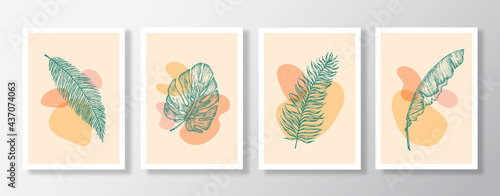 Abstract Vector Botanical Background Decorative Wall Art Set. Hand Drawn Palm Leaves Posters with Geometric Shapes Illustrations Collection. Contemporary Design for Cover  Apparel Print  Wallpaper