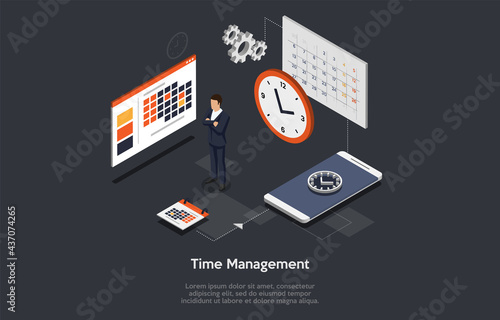 Isometric Vector Illustration In Cartoon 3D Style. Dark Background And Elements. Time Management, Business List Planning. Concept Design. Person Standing Near Related Items Calendar, Clock, Phone.