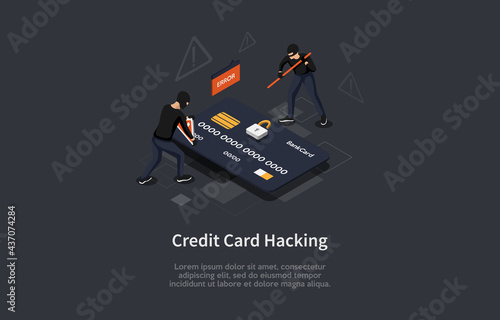 Isometric Vector Illustration In Cartoon 3D Style. Dark Background And Elements. Credit Card Hacking, Online Theft Ideas. Concept Design. Thieves Standing Near Card With Locker. Infographic Elements.