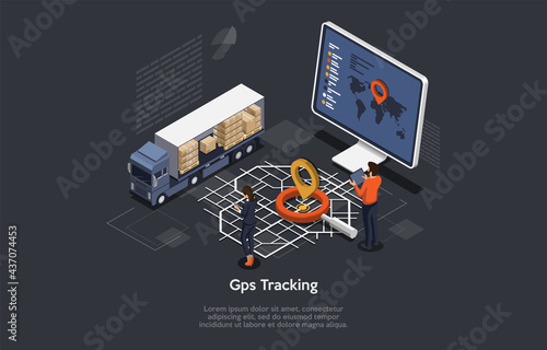 3D Isometric Composition. Vector Cartoon Illustration With Text. Worldwide GPS Tracking Of Goods Conceptual Design. Storage Parcels, Big Lorry, Computer Monitor With Map, People And Navigation Sign