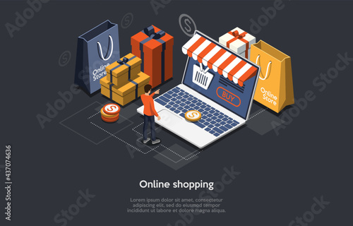 Isometric Illustration. Vector Composition With 3D Objects. Cartoon Style Design. Modern Online Shopping Concept. Internet Goods Order. Person Standing Near Laptop Buying Products. Bags, Boxes Around