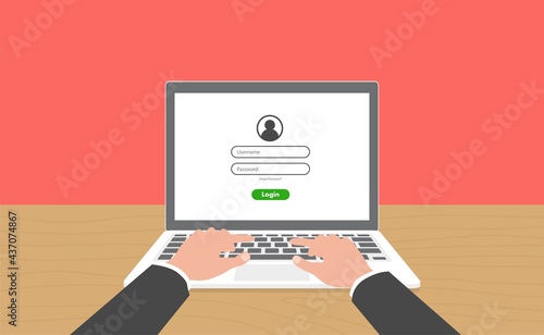 Log in account on the laptop. Hands on the laptop. Laptop with password notification. Vector
