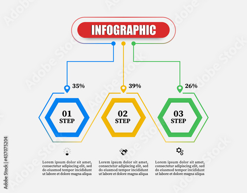 Planning timeline infographics template with 3 elements. Infographic hexagon vector illustration with three steps, options, marketing icons. Can use for business, presentations, web design, diagrams.
