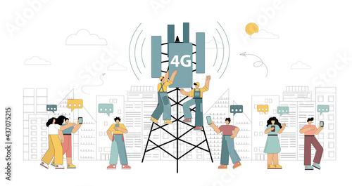 4g technologies. New generation mobile networks. Workers on the tower are installing high-speed mobile Internet.