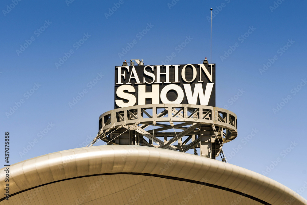 Las Vegas, Nevada, USA - February 2019: Sign on the roof of the Fashion Show  Shopping Mall