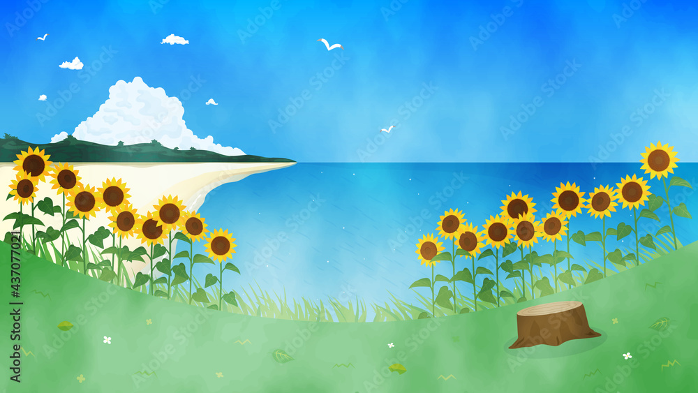 ヒマワリと海の風景イラスト 夏 水彩 背景素材 Stock ベクター Adobe Stock