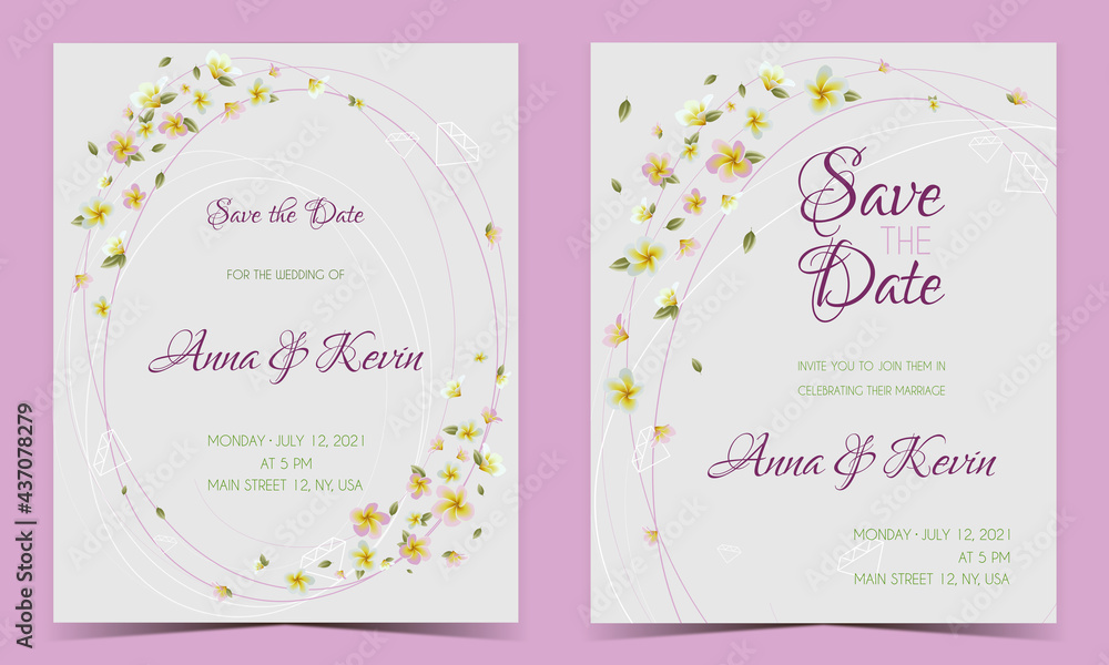 Elegant purple wedding invitation with flowers and leaves. Vector illustration