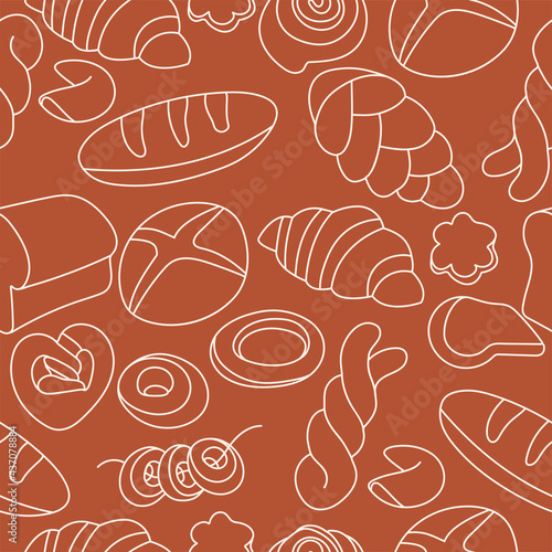 Vector design templates and elements for bakery packaging in trendy linear style. Seamless pattern with design label.