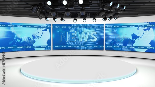 Tv studio. News room. Blye and red background. General and close-up shot. News Studio. Studio Background. Newsroom bakground. The perfect backdrop for any green screen or chroma key video production