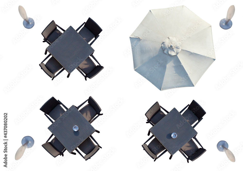 outdoor terrace with umbrella and chairs. isolated on white background