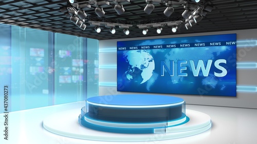 Tv studio. News room. Blye and red background. General and close-up shot. News Studio. Studio Background. Newsroom bakground. The perfect backdrop for any green screen or chroma key video production