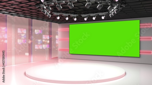 Tv studio. News room. Blye and red background. General and close-up shot. News Studio. Studio Background. Newsroom bakground. The perfect backdrop for any green screen or chroma key video production photo