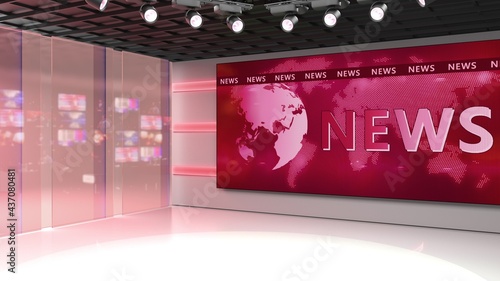 Tv studio. News room. Blye and red background. General and close-up shot. News Studio. Studio Background. Newsroom bakground. The perfect backdrop for any green screen or chroma key video production