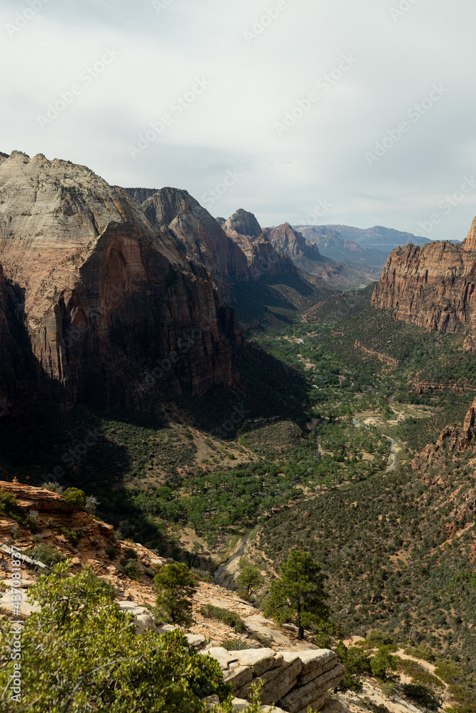 Southwestern mountains in the desert with green trees in the canyon. The view of Zion Canyon in Zion National Park Utah from Angel's Landing.