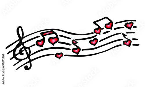 hand-drawn melody of love with musical notes in the shape of hearts