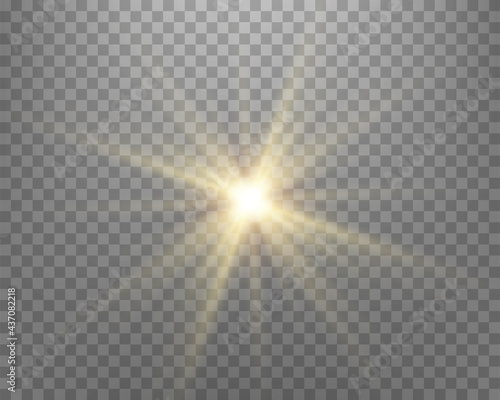 Sunlight lens flare, sun flash with rays and spotlight. Gold glowing burst explosion on a transparent background.  .Vector illustration.