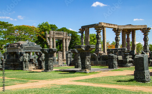 Remnants of an ancient temple in the ruins of the archaeological site of the Warangal Fort in Telangana, India