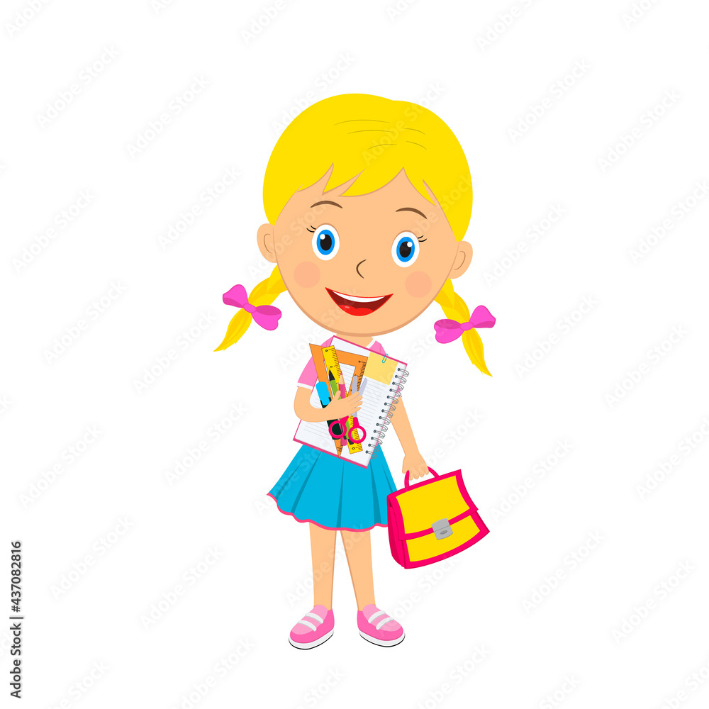 cute cartoon girl stand with school supplies cute cartoon girl stand with school supplies