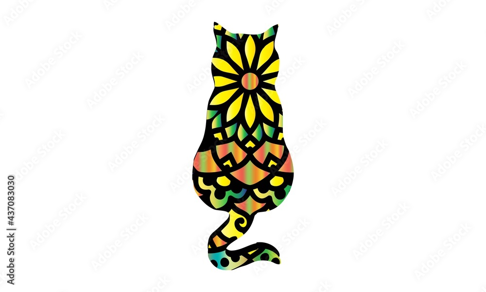 Cat on white. Zentangle. Hand drawn abstract animal with abstract patterns on isolation background. Black and white and colorful character