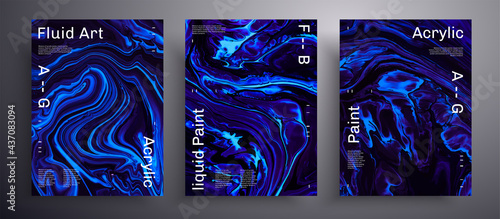 Abstract acrylic poster, fluid art vector texture pack. Trendy background that applicable for design cover, invitation, presentation and etc. Purple, aquamarine and black creative iridescent artwork.