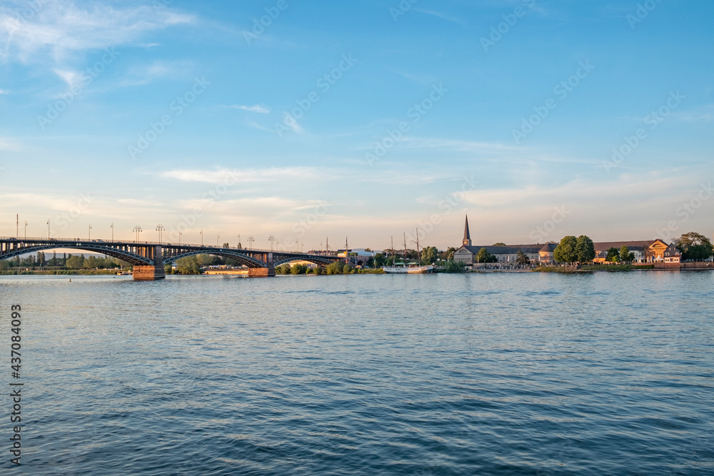 view to Theodor Heuss bridge in Mainz in sunset mood