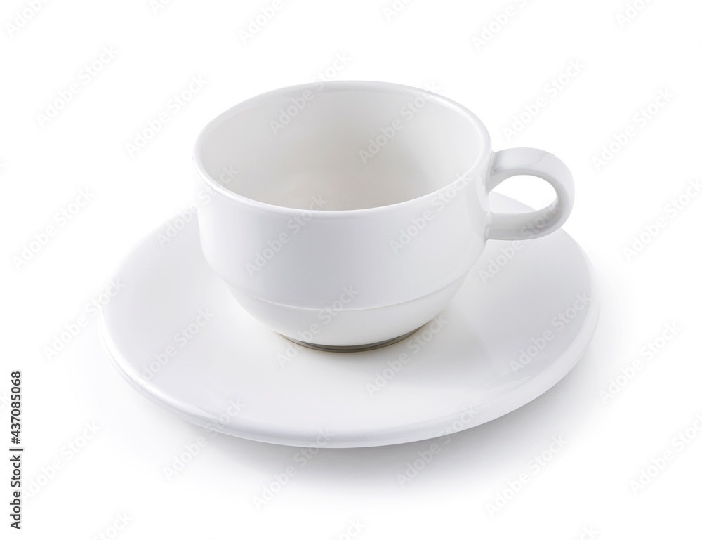 Empty white coffee cup with saucer isolated on white background. Empty white coffee cup with saucer isolated on white background.