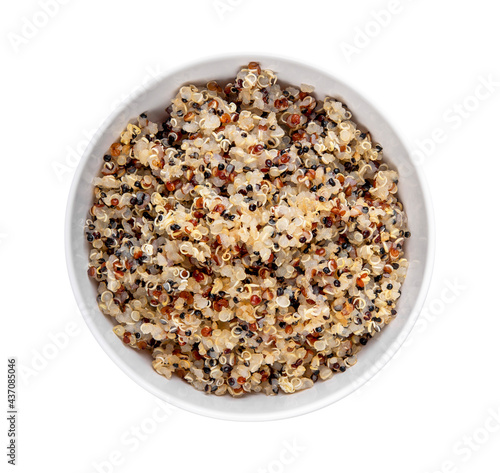 Healthy colorful cooked quinoa isolated on white. top view