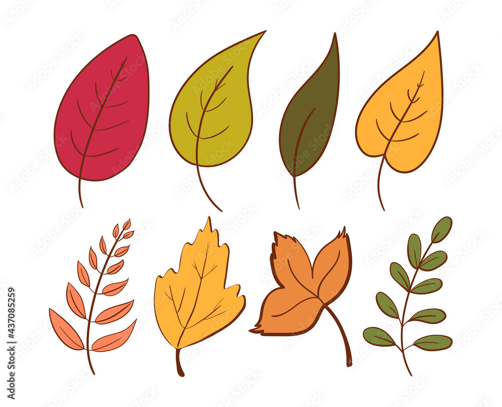 Hand drawn set of leaves in pastel colors isolated on white background. Vector botanical illustration. Hand-drawn doodle herbal elements. Spring and summer plant vector in line art or outline style. 