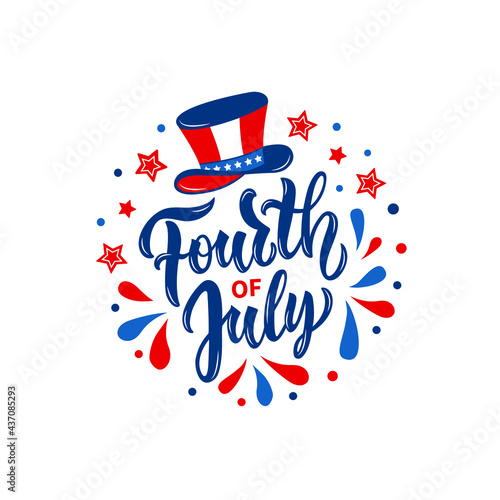 4th of July handwritten text isolated on white background. Vector illustration of uncle Sam hat, stars. Modern brush ink calligraphy, lettering for Independence Day in USA for greeting card, banner