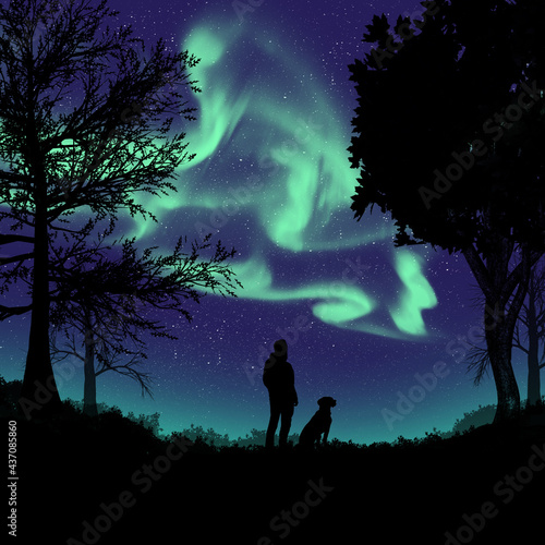 Man and his dog looking at the northern lights - illustration