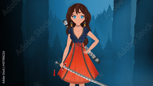 Girl with a katana in a blue and red dress. Anime samurai woman on a summer night background. Cartoon style, vector illustration.