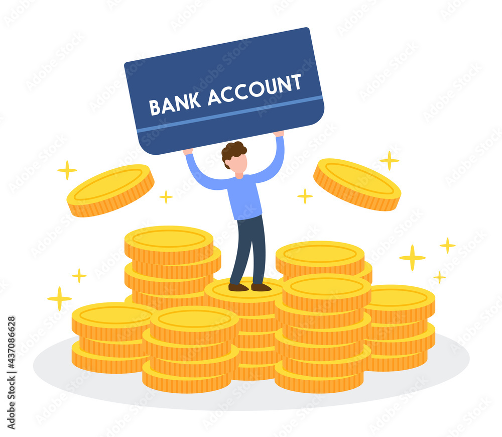 Man holds a bank passbook and stands on stack of golden coins. Creative  financial concept of interest from savings. Simple trendy cute cartoon  character vector illustration. Flat style graphic design. Stock Vector |