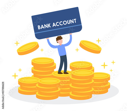 Man holds a bank passbook and stands on stack of golden coins. Creative financial concept of interest from savings. Simple trendy cute cartoon character vector illustration. Flat style graphic design.