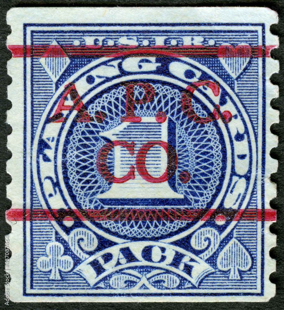 UNITED STATES OF AMERICA - 1938: shows One, playing cards, one pack, Revenue Playing Cards stamp scott, 1938 UNITED STATES OF AMERICA - 1938: shows One, playing cards, one pack, Revenue Playing Cards stamp scott, 1938