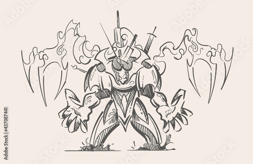 Big demon boss in armor with ghostly hands from the video game sketch