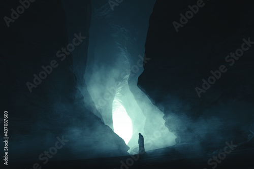 Carta da parati silhouette of a woman in cloak in dark cave