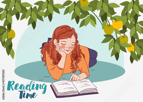 Cute girl reading a book in the garden. Nature landscape background. Summer holidays illustration. Vacation time stock