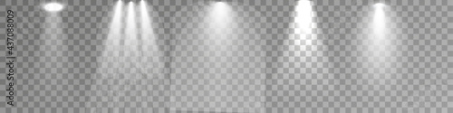 Set of Spotlight isolated on transparent background. Vector glowing light effect with white rays and beams. PNG. Vector illustration